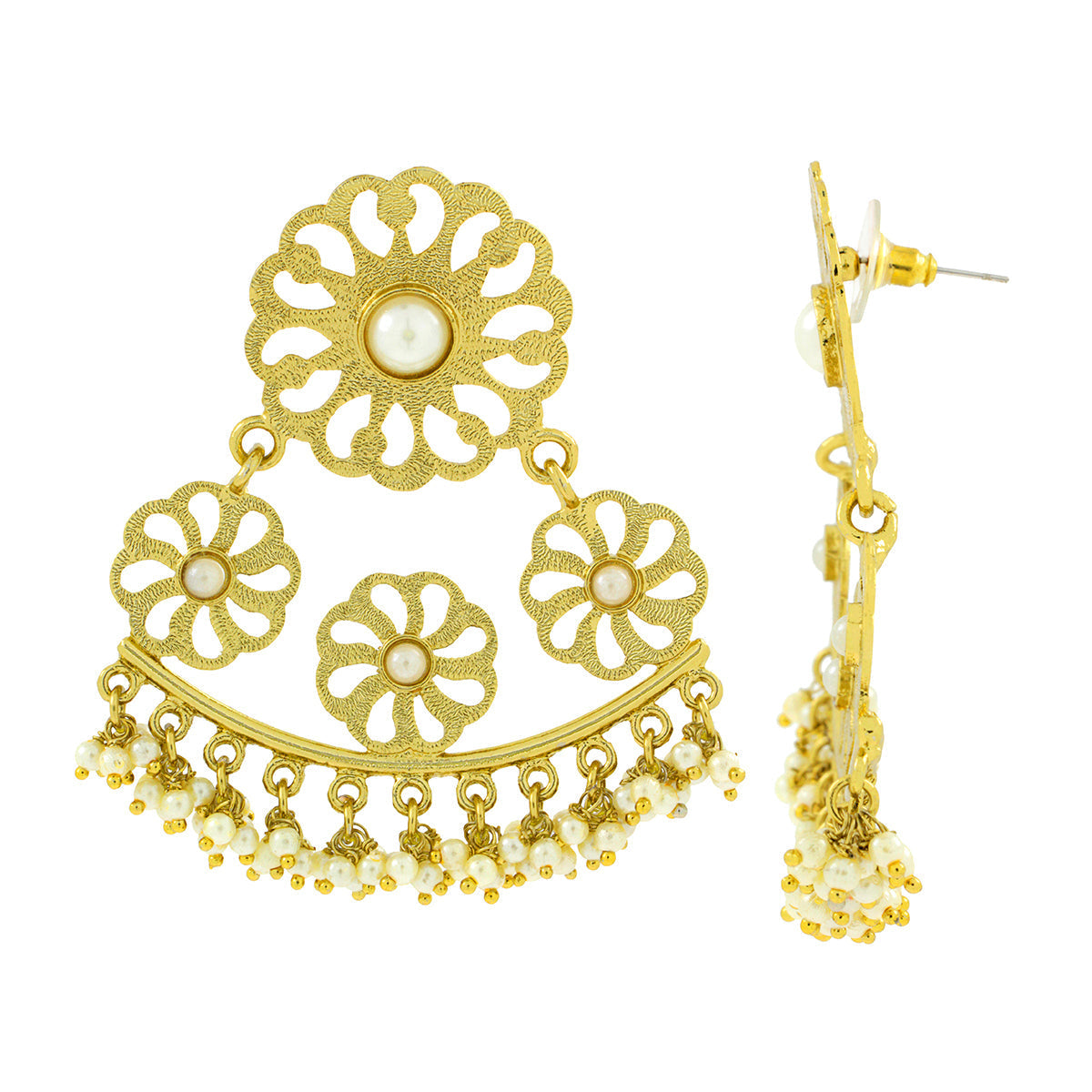 Filigree Flower Pearl Antique Gold Plated Chandelier Earring Bulk