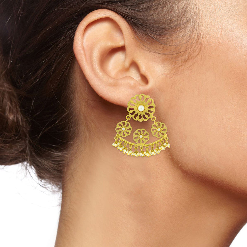 Filigree Flower Pearl Antique Gold Plated Chandelier Earring Bulk