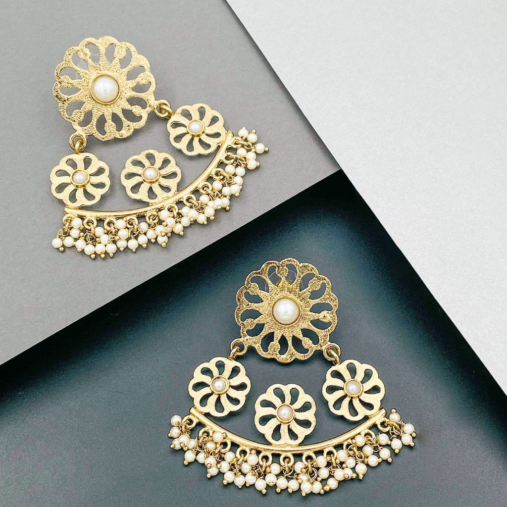 Filigree Flower Pearl Antique Gold Plated Chandelier Earring Bulk