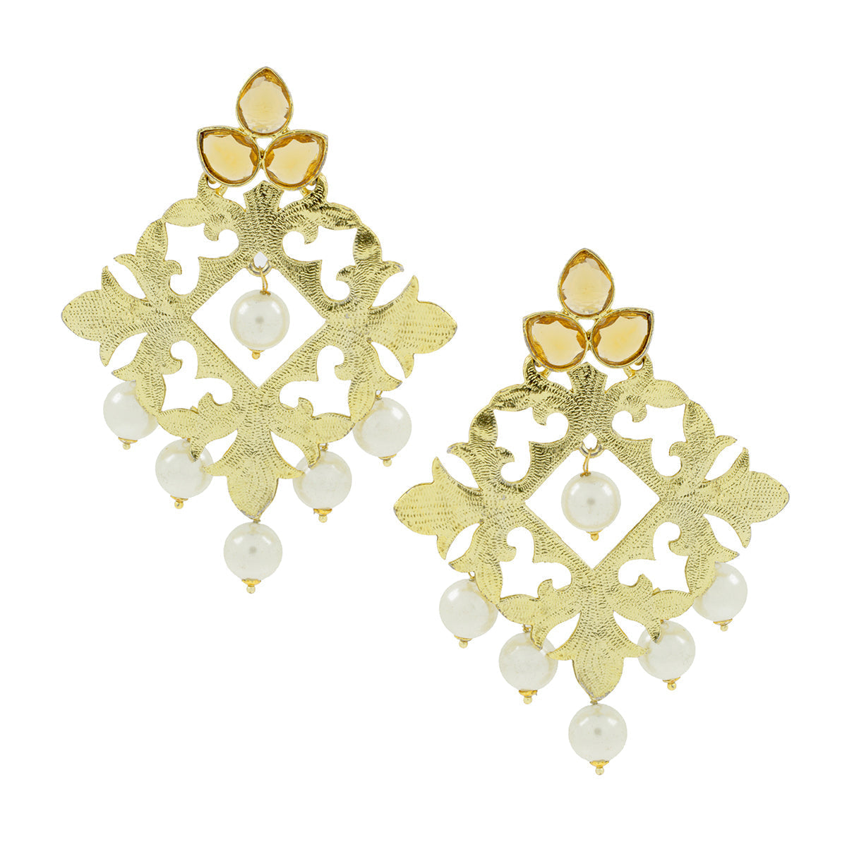 Large Filigree Flower Pearl Antique Gold Chandelier Earring Bulk