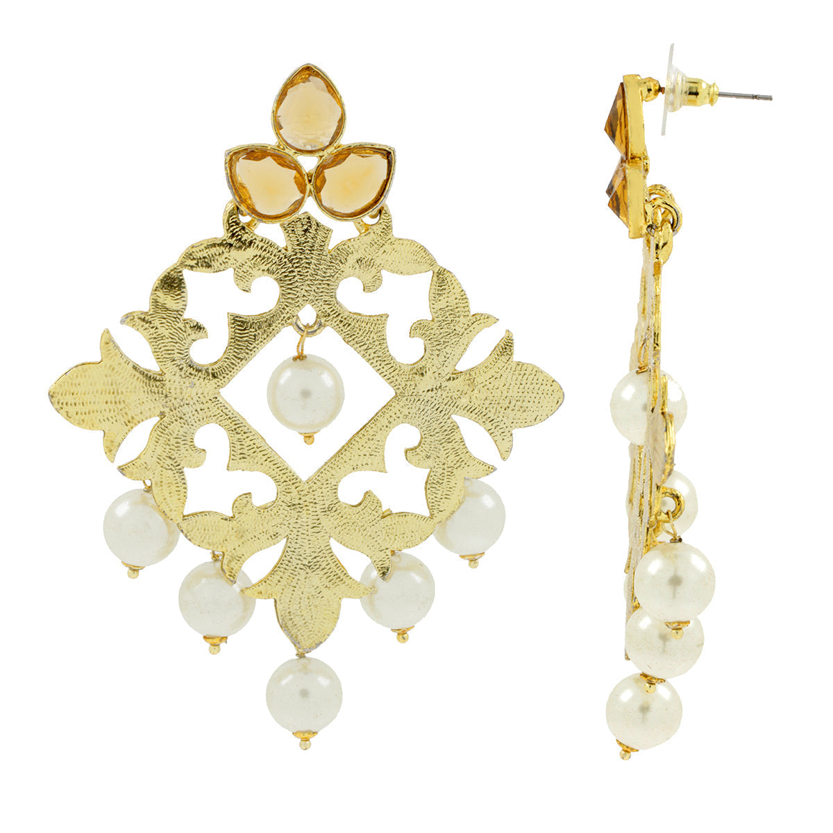 Large Filigree Flower Pearl Antique Gold Chandelier Earring Bulk