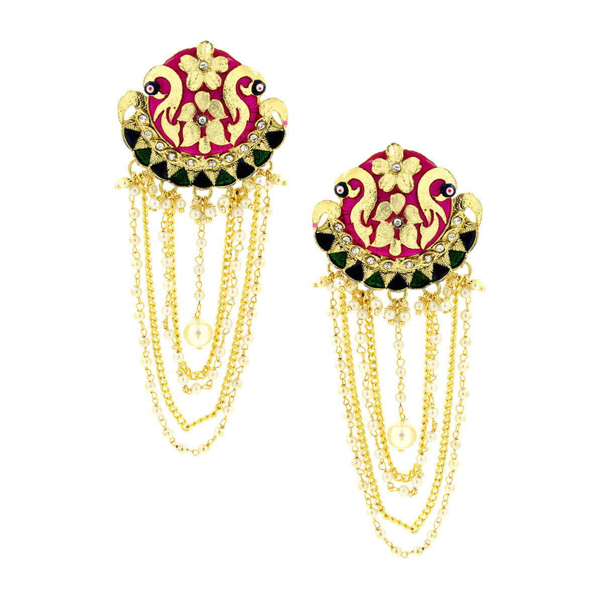 Long Statement Peacock Rani Pink Green Pearl Dangling Earring Bulk Main image