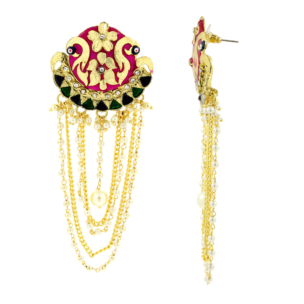 Long Statement Peacock Rani Pink Green Pearl Dangling Earring Bulk