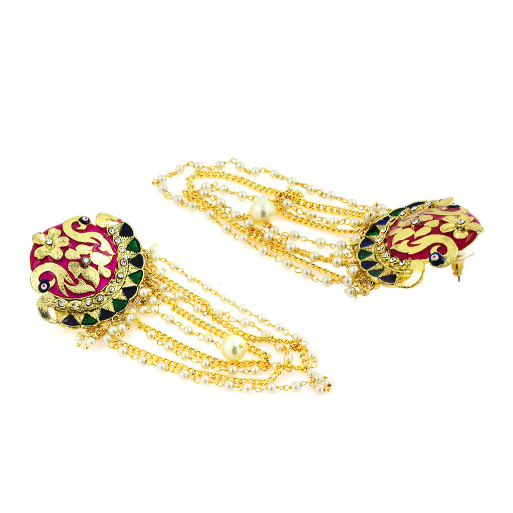 Long Statement Peacock Rani Pink Green Pearl Dangling Earring Bulk