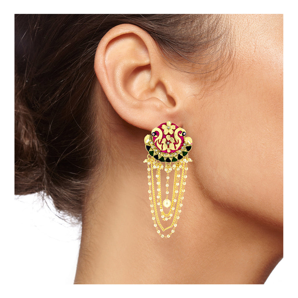 Long Statement Peacock Rani Pink Green Pearl Dangling Earring Bulk