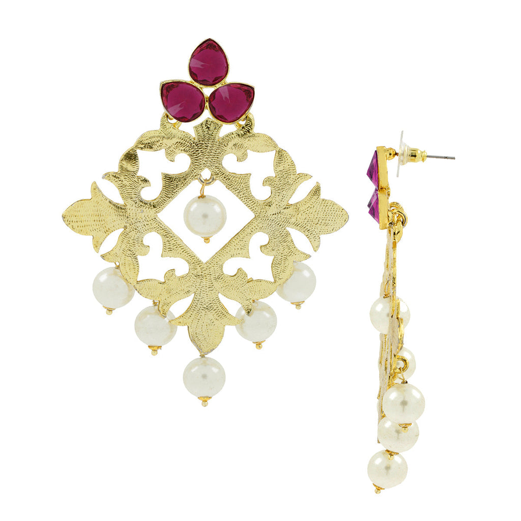 Large Filigree Flower Pearl Ruby Red Gold Chandelier Earring Bulk