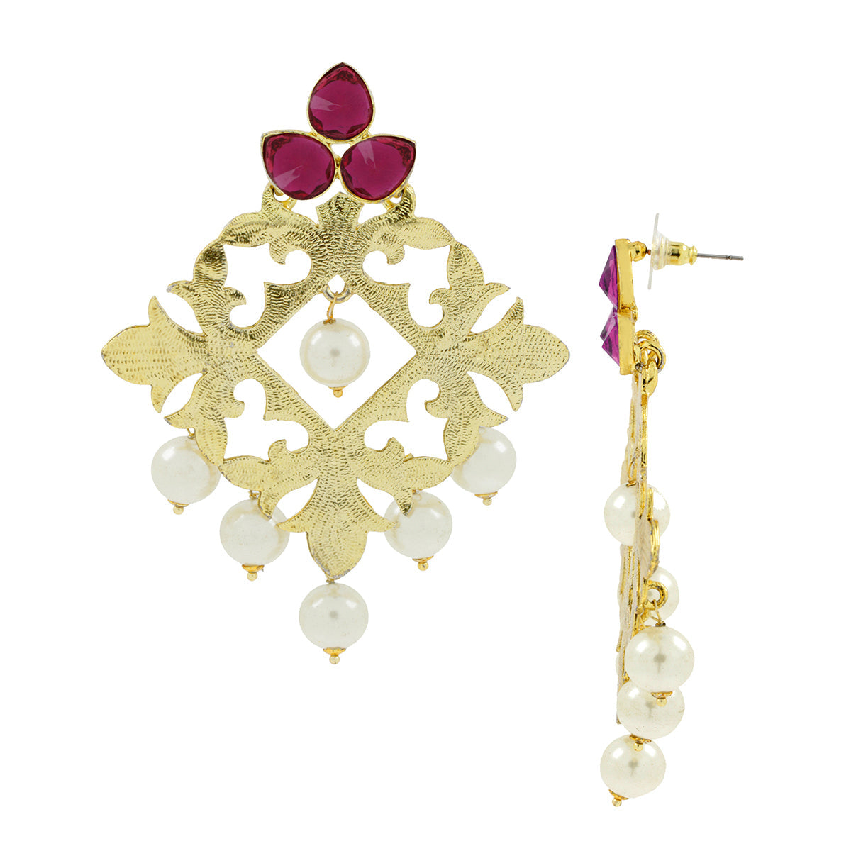 Large Filigree Flower Pearl Ruby Red Gold Chandelier Earring Bulk