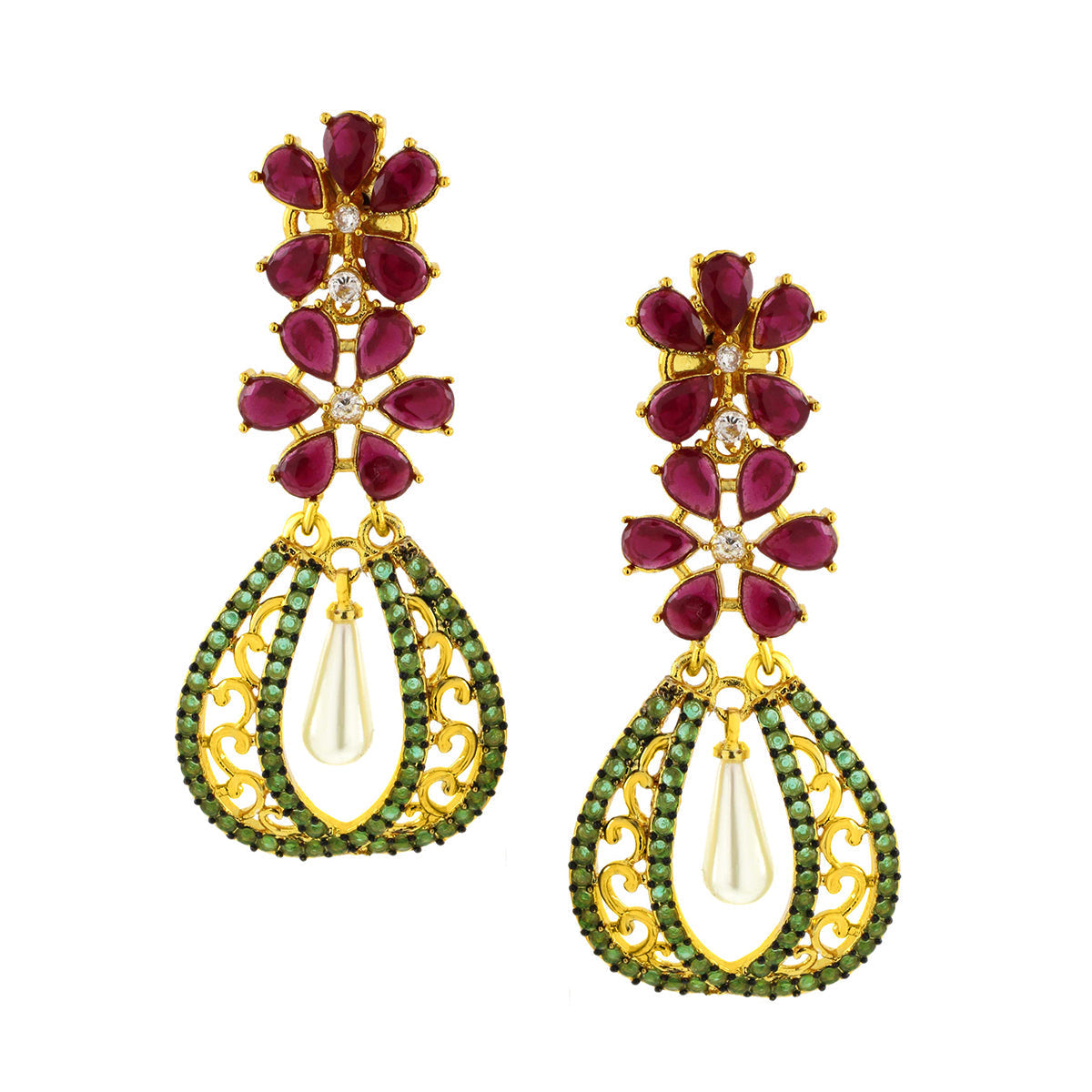 Kundan Flower Filigree Antique Red Green 18Kgold Dangler Earring Bulk Secondary image
