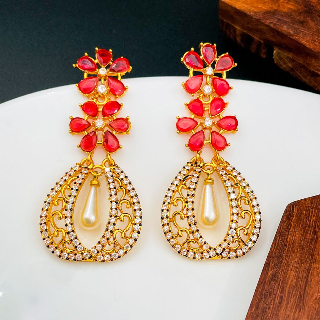 Kundan Flower Filigree Antique Red Green 18Kgold Dangler Earring Bulk