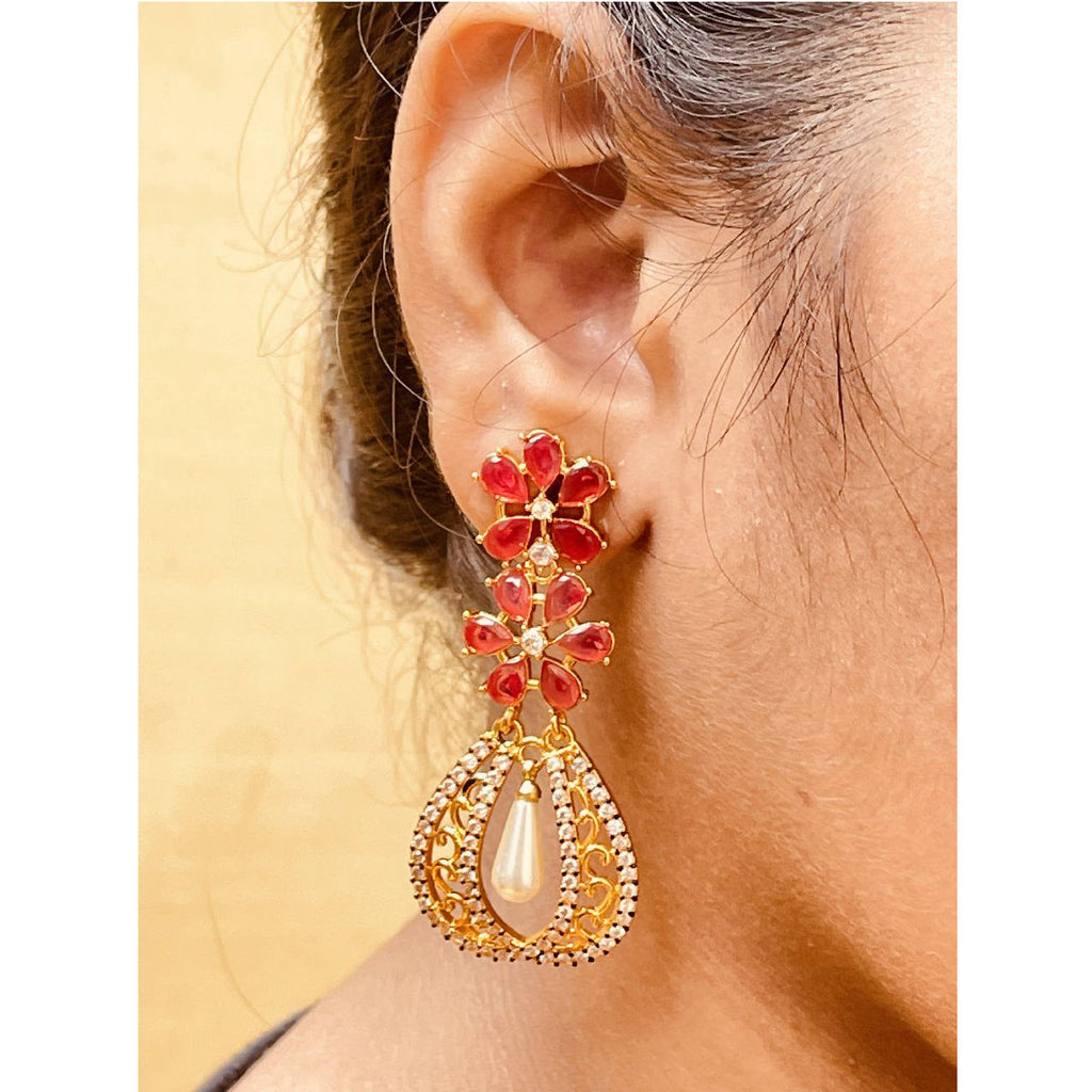 Kundan Flower Filigree Antique Red Green 18Kgold Dangler Earring Bulk