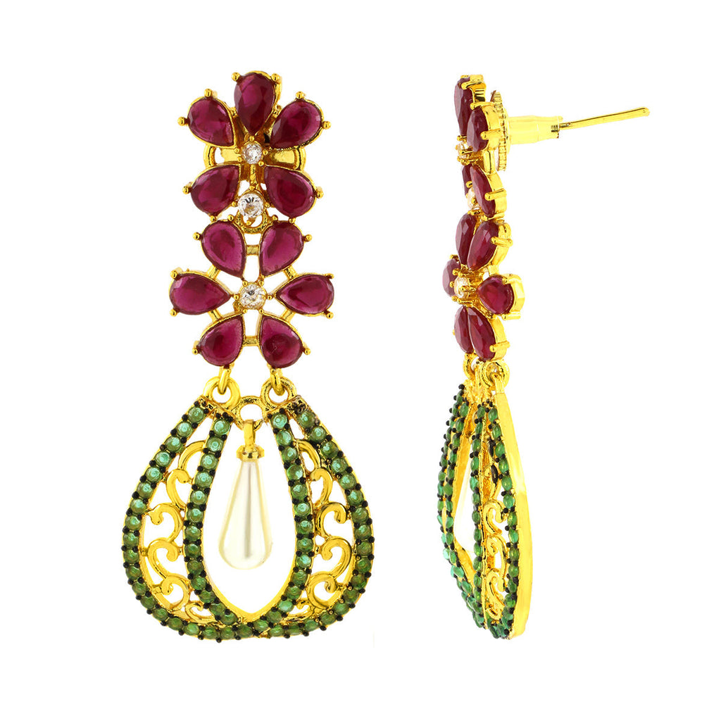 Kundan Flower Filigree Antique Red Green 18Kgold Dangler Earring Bulk
