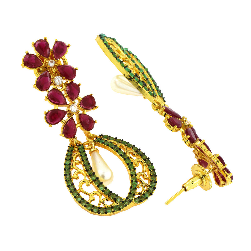 Kundan Flower Filigree Antique Red Green 18Kgold Dangler Earring Bulk