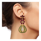 Kundan Flower Filigree Antique Red Green 18Kgold Dangler Earring Bulk