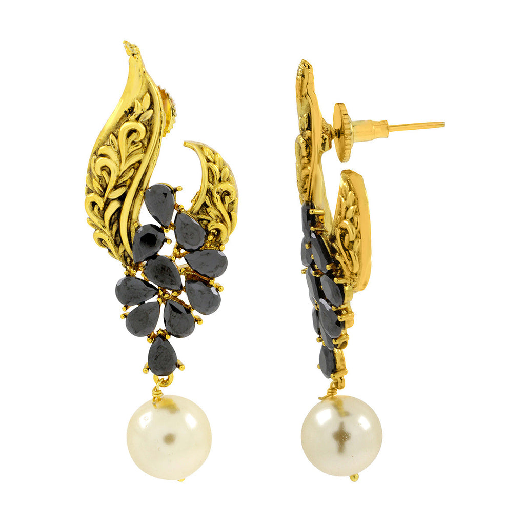 Leafy Floral Black 18K Gold Plated Pearl Drop Earring For Women Bulk