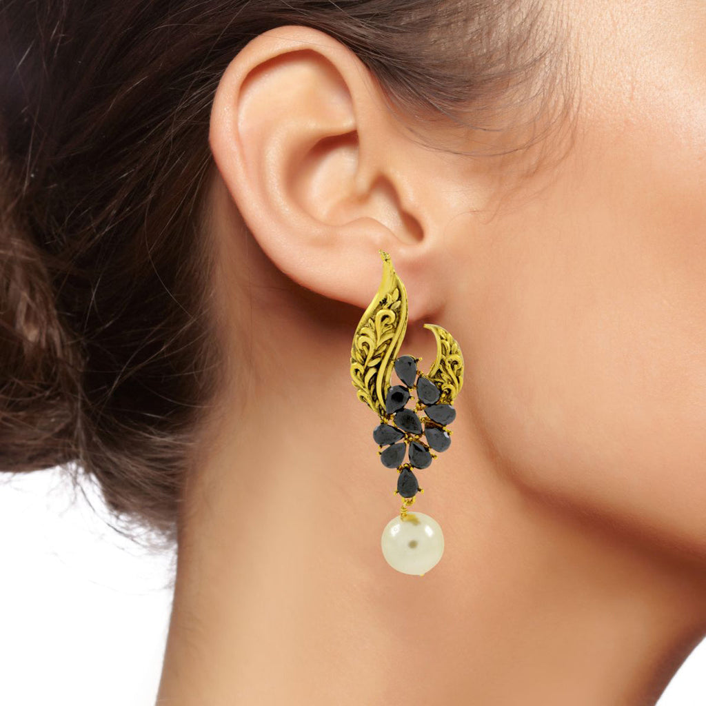 Leafy Floral Black 18K Gold Plated Pearl Drop Earring For Women Bulk