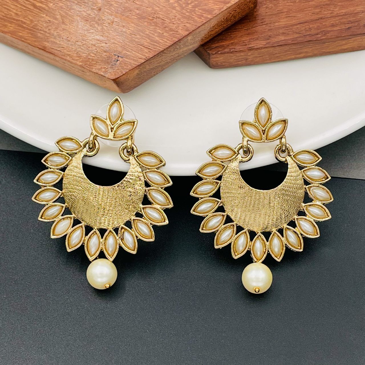Dainty Chandbali Pearl Antique 18K Gold Plated Earring For Women Bulk