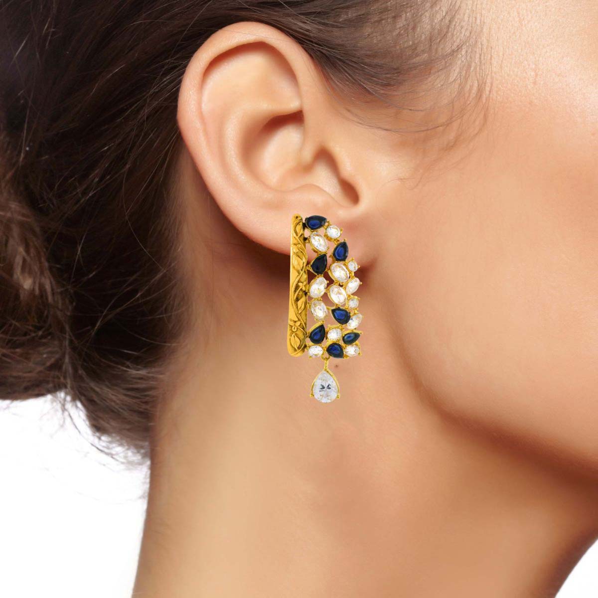 Kundan CZ Filigree Antique Blue 22K Gold Dangler Earring Women Bulk