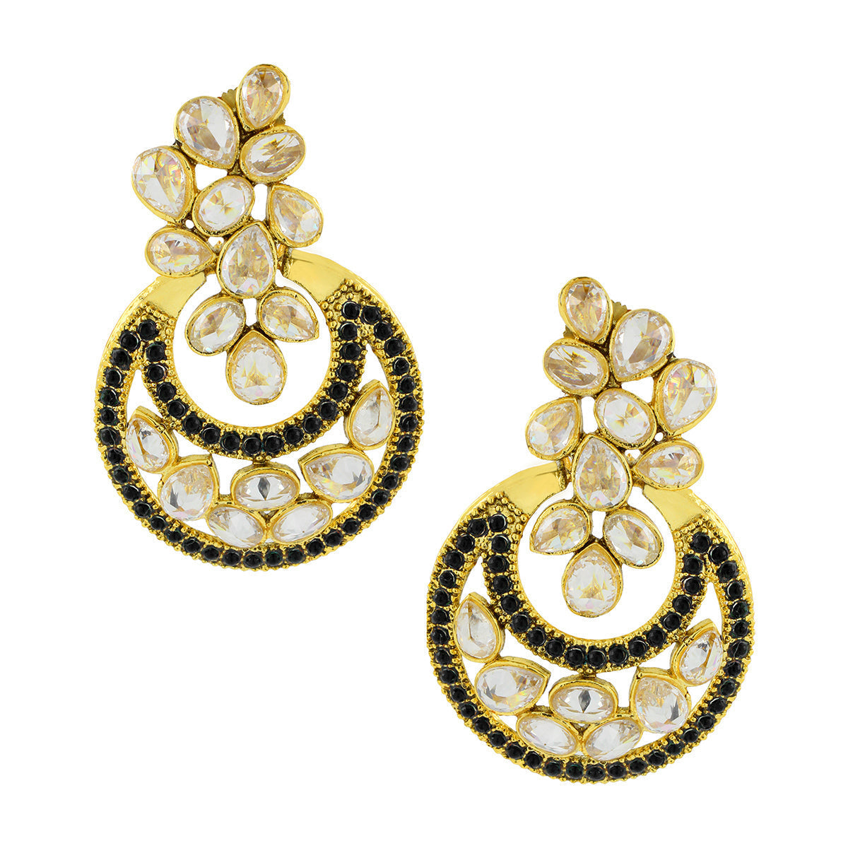 Designer Flower Kundan Black 18K Gold Chandbali Earring For Women Main image