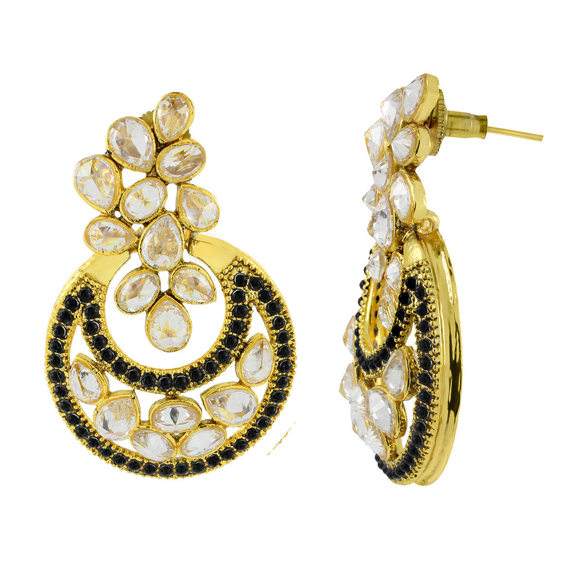 Designer Flower Kundan Black 18K Gold Chandbali Earring For Women Secondary image