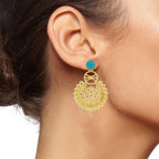 Large Statement Filigree Chaand Bali Blue Gold Jhumki CZ Earring Bulk