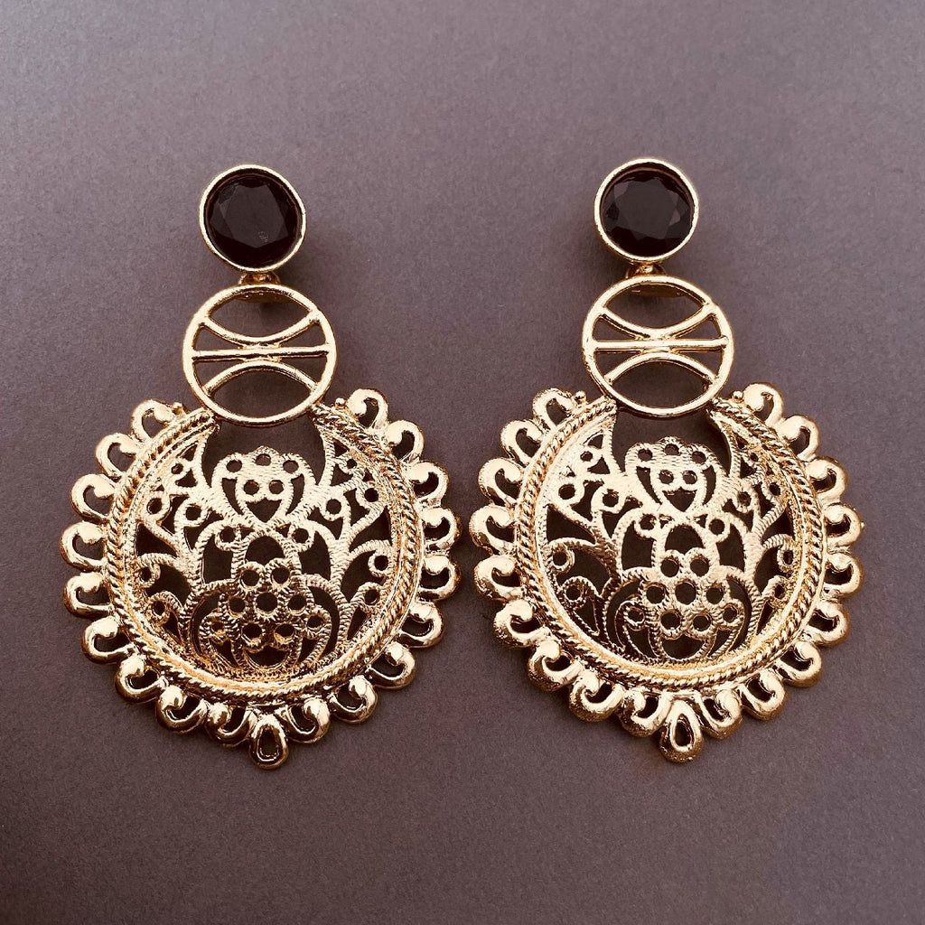 Large Statement Filigree Chaand Bali Black Gold Jhumki CZ Earring Bulk
