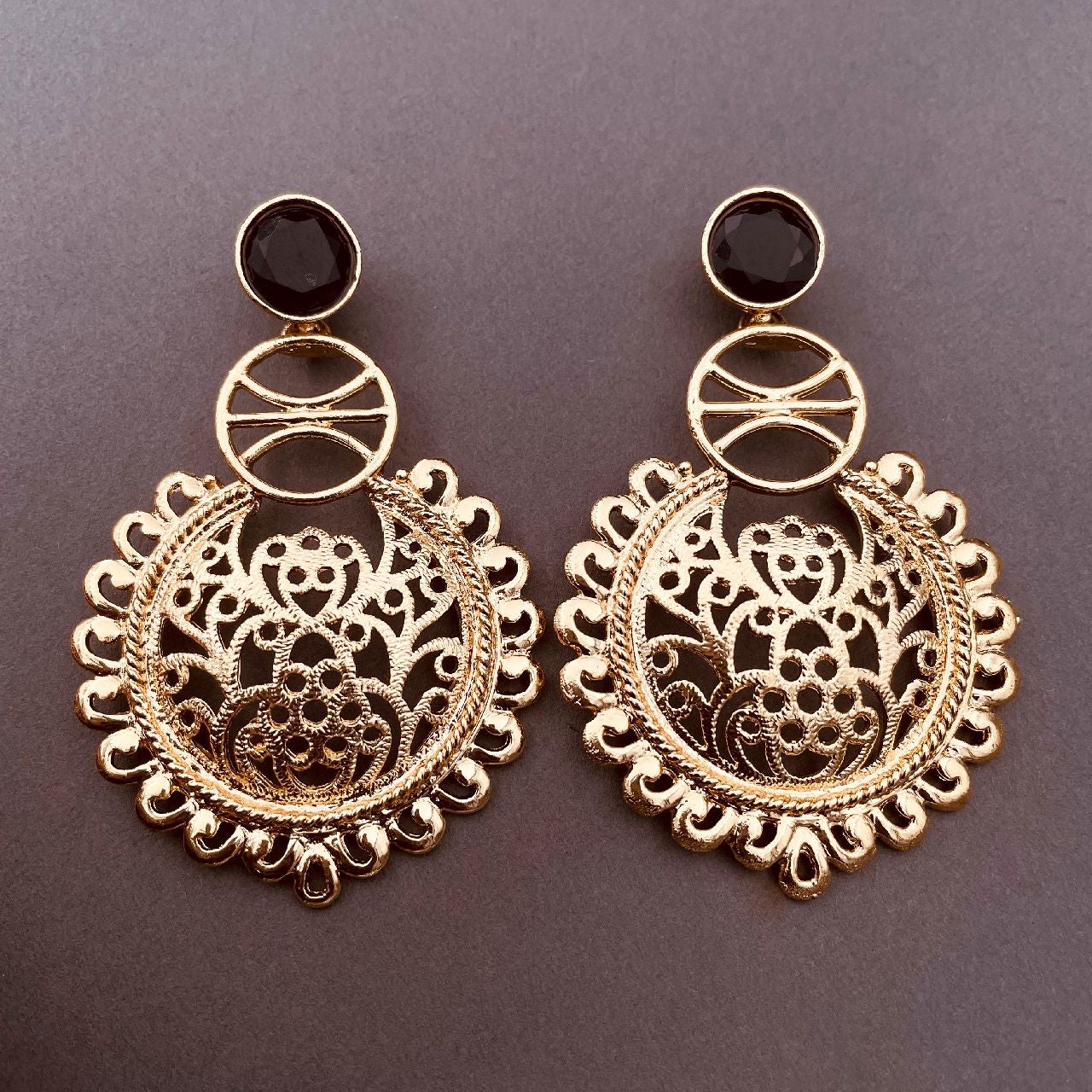 Large Statement Filigree Chaand Bali Black Gold Jhumki CZ Earring Bulk