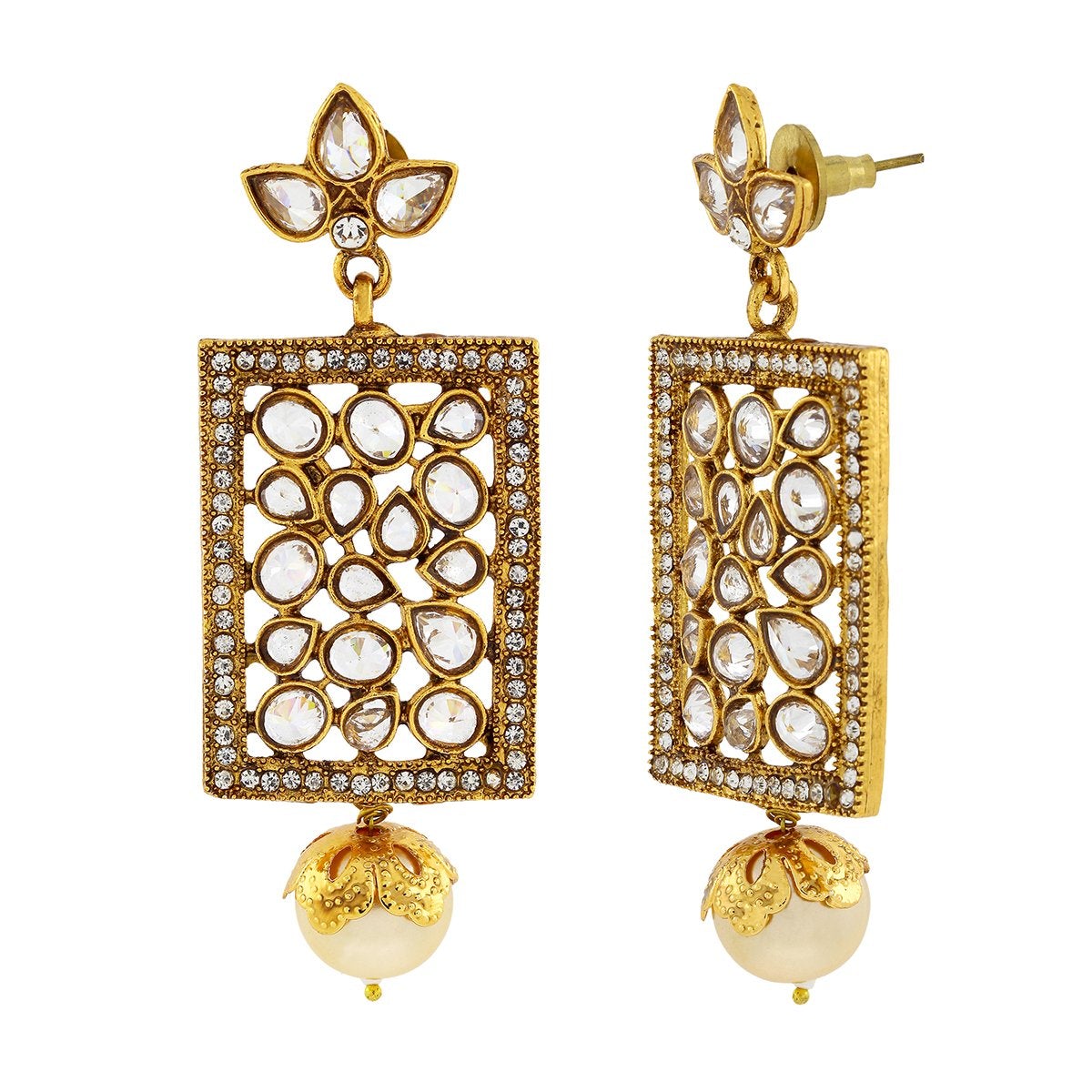 Filigree Kundan Pearl American Diamonds 18K Gold Dangle Earring Bulk