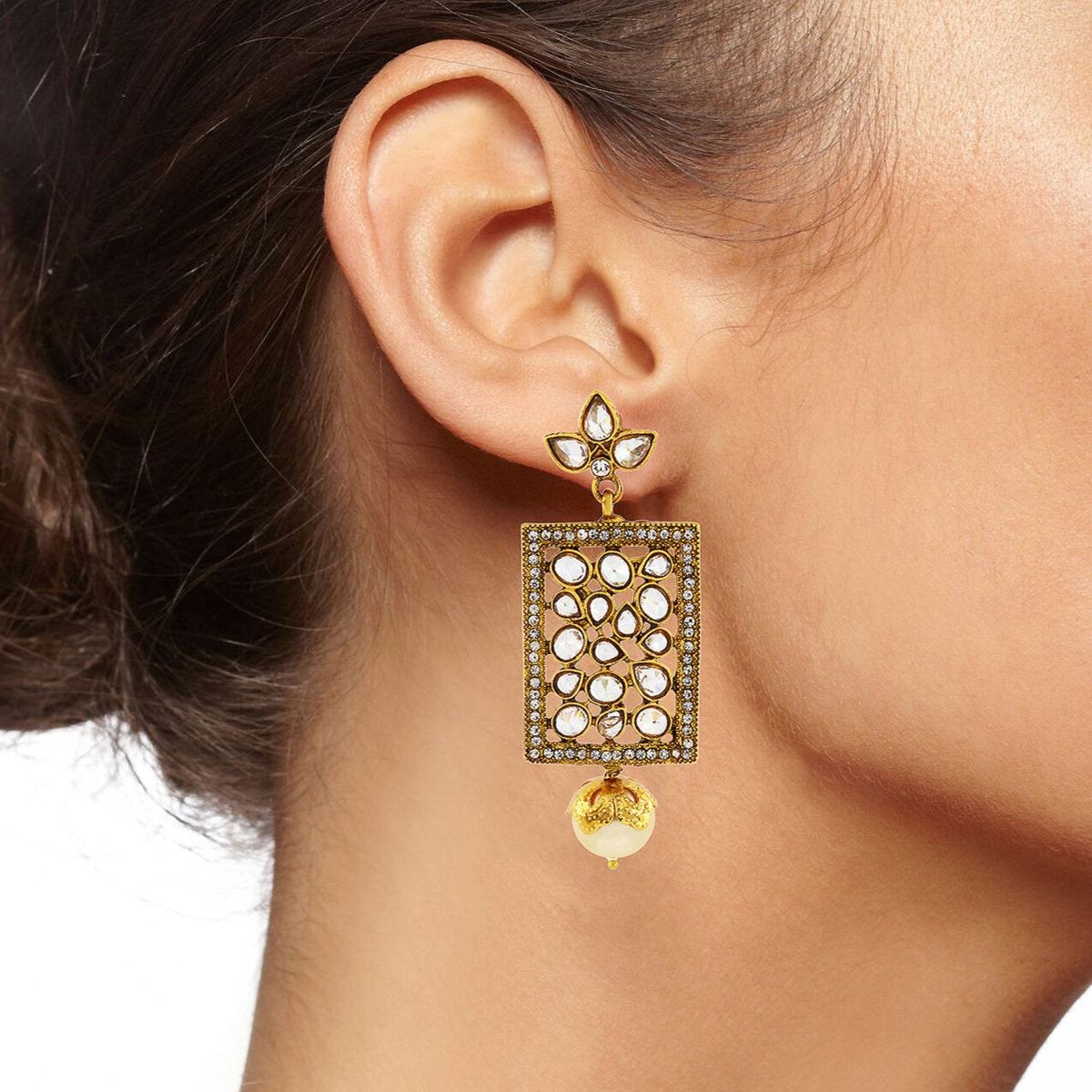 Filigree Kundan Pearl American Diamonds 18K Gold Dangle Earring Bulk