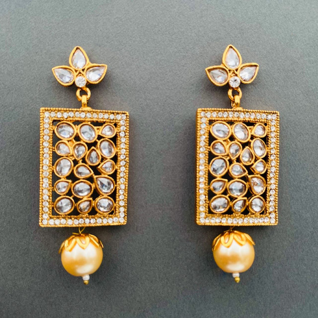 Filigree Kundan Pearl American Diamonds 18K Gold Dangle Earring Bulk