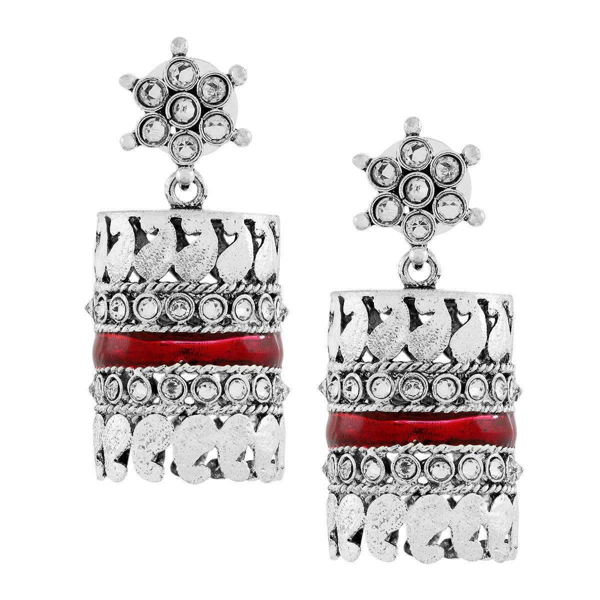 Traditional CZ Enamel Red Maroon Silver Rhodium Dangle Earring Bulk