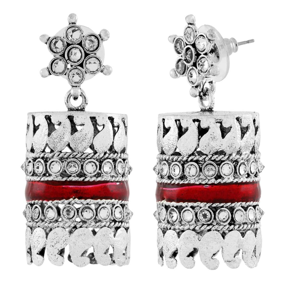 Traditional CZ Enamel Red Maroon Silver Rhodium Dangle Earring Bulk Secondary image