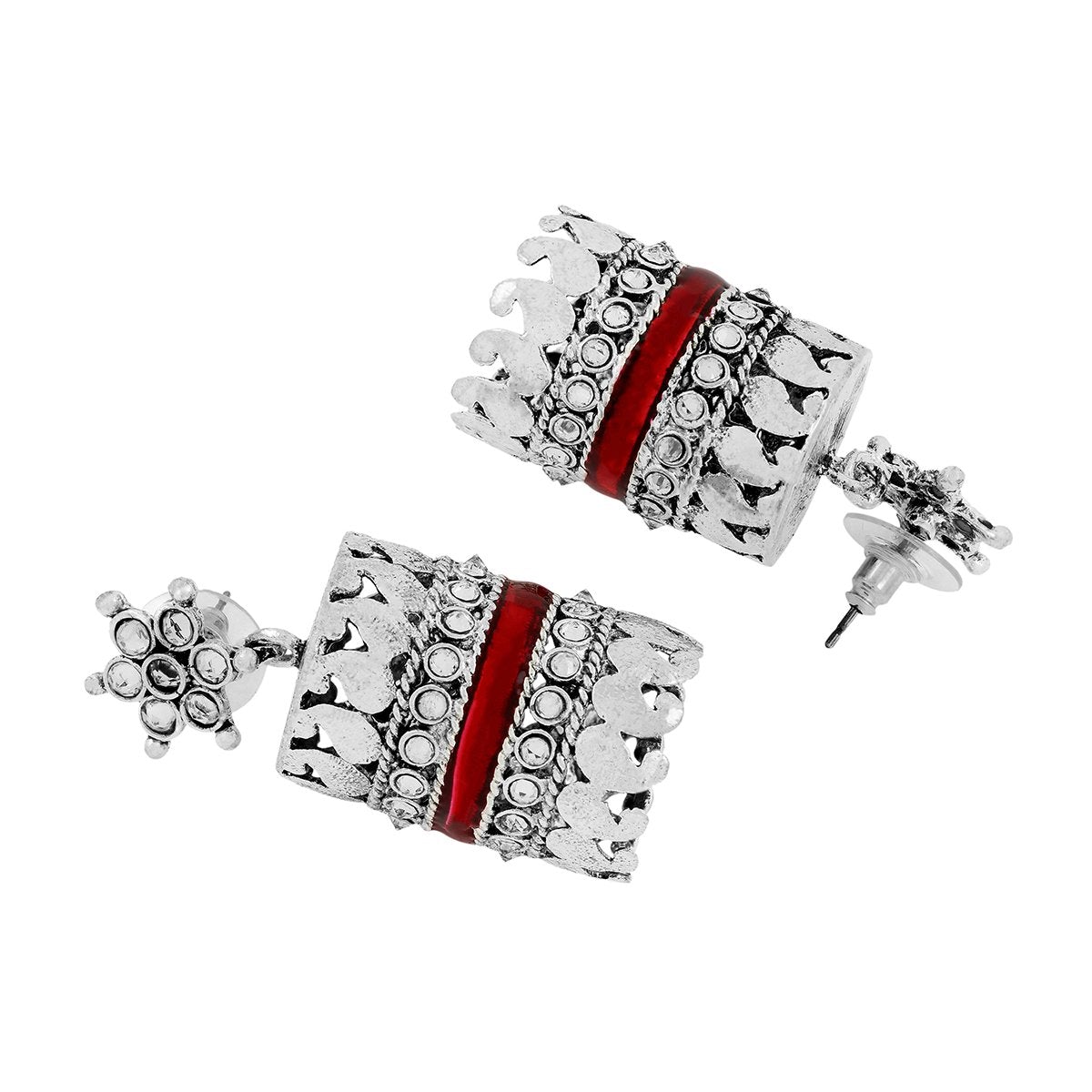Traditional CZ Enamel Red Maroon Silver Rhodium Dangle Earring Bulk
