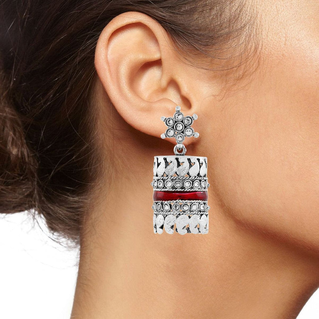 Traditional CZ Enamel Red Maroon Silver Rhodium Dangle Earring Bulk