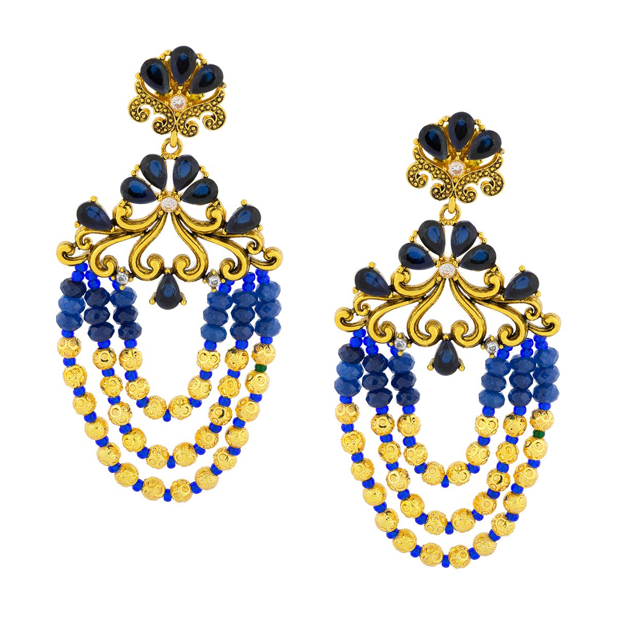 Design 18K Gold Blue Crystal CZ Beads Chandelier Earring Bulk