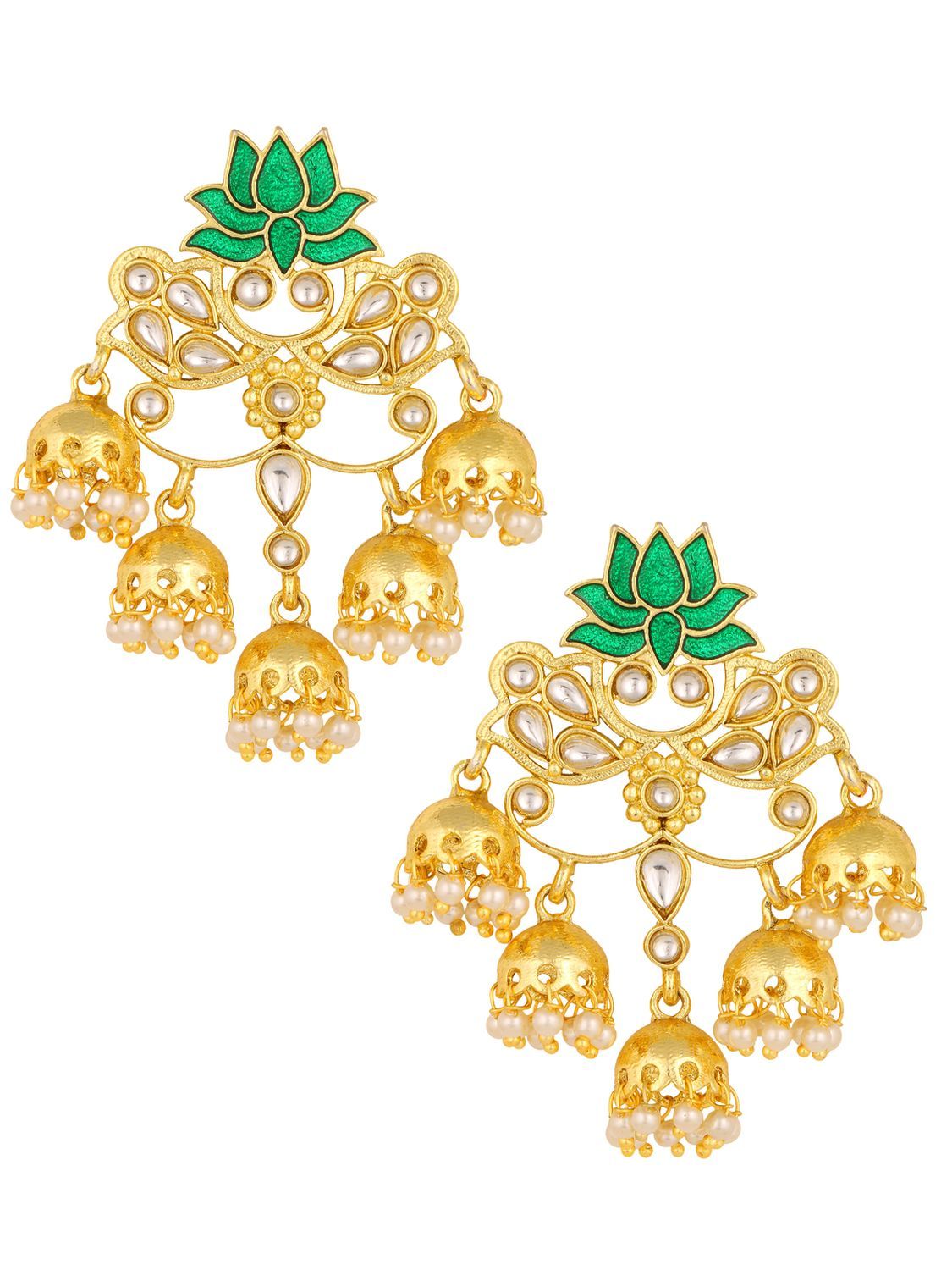 Lotus Floral Statement 18K Gold Green Enamel Kundan Chandelier Jhumki Earring Girl Women Secondary image