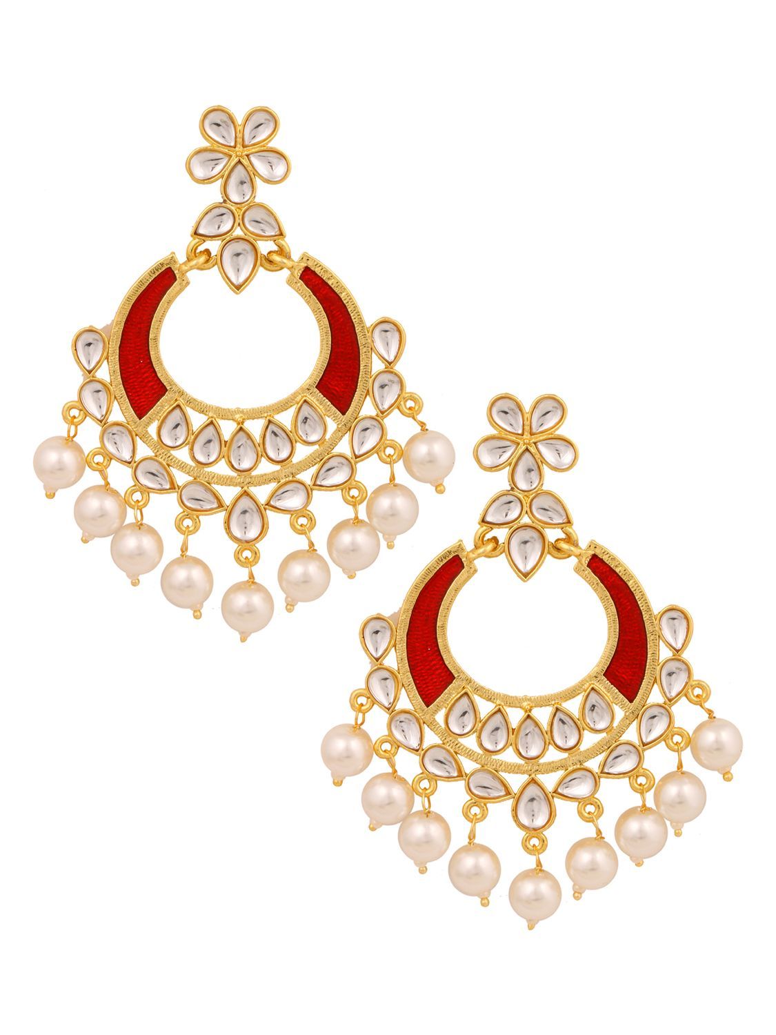 Classic Filigree Floral Chaand Bali 18K Gold Maroon Red Enamel Kundan Pearl Earring Girl Women Secondary image