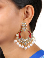 Classic Filigree Floral Chaand Bali 18K Gold Maroon Red Enamel Kundan Pearl Earring Girl Women