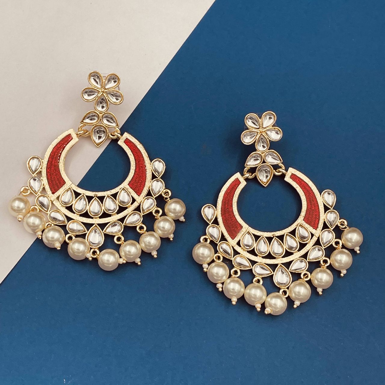 Classic Filigree Floral Chaand Bali 18K Gold Maroon Red Enamel Kundan Pearl Earring Girl Women Main image