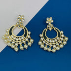 Classic Filigree Floral Chaand Bali 18K Gold Black Enamel Kundan Pearl Earring Girl Women