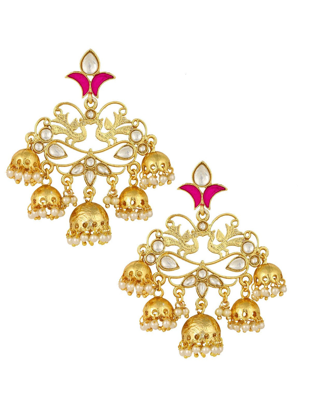 Peacock Gold Pink Filigree Pearl Kundan Chandelier Earring Girl Bulk
