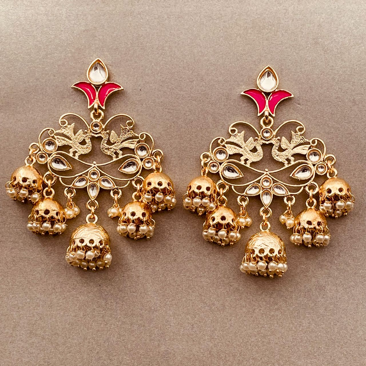 Peacock Gold Pink Filigree Pearl Kundan Chandelier Earring Girl Bulk