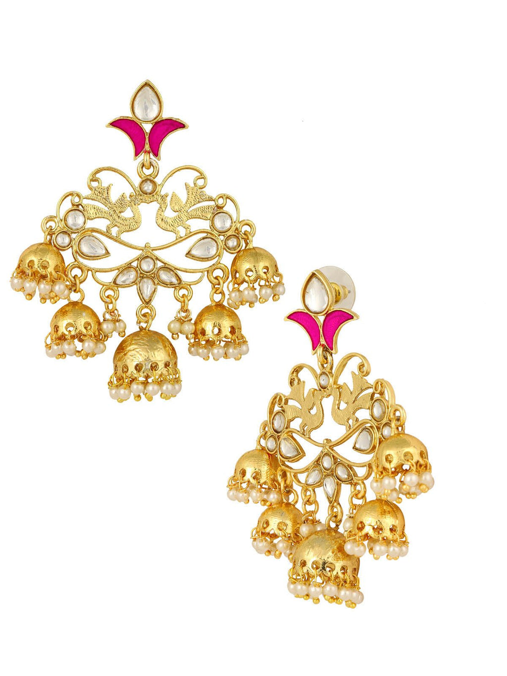 Peacock Gold Pink Filigree Pearl Kundan Chandelier Earring Girl Bulk