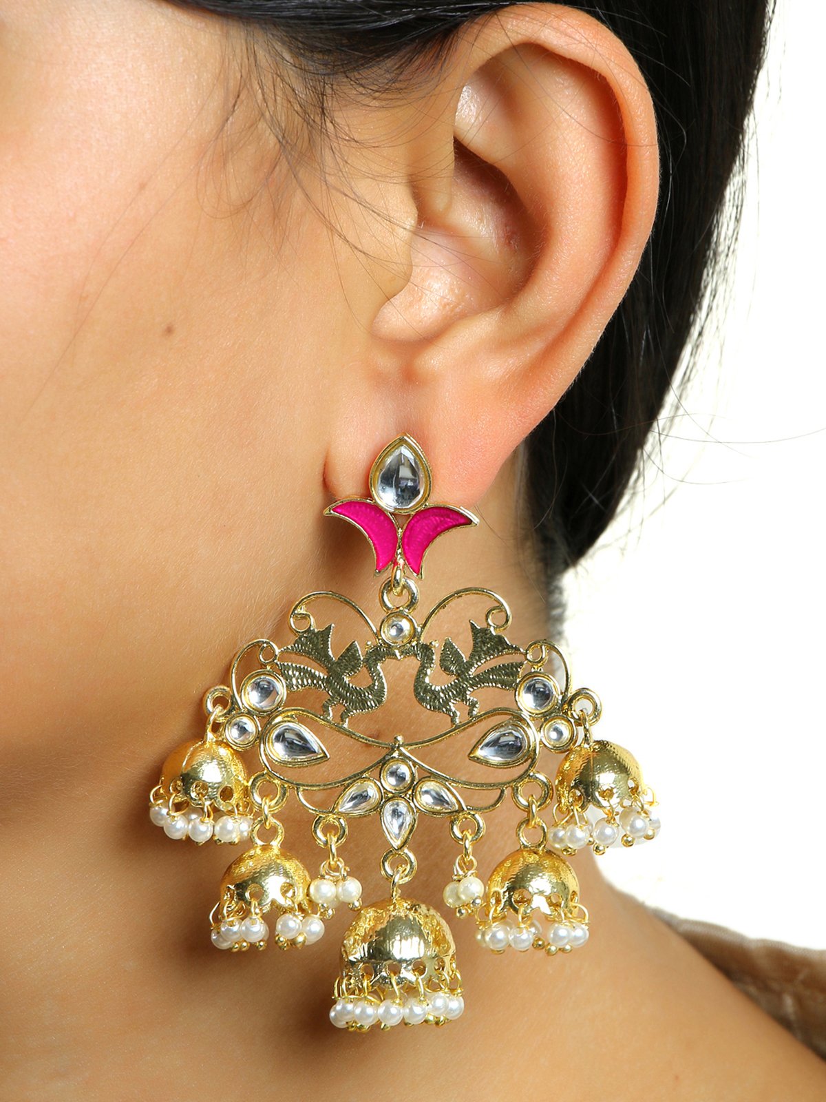 Peacock Gold Pink Filigree Pearl Kundan Chandelier Earring Girl Bulk