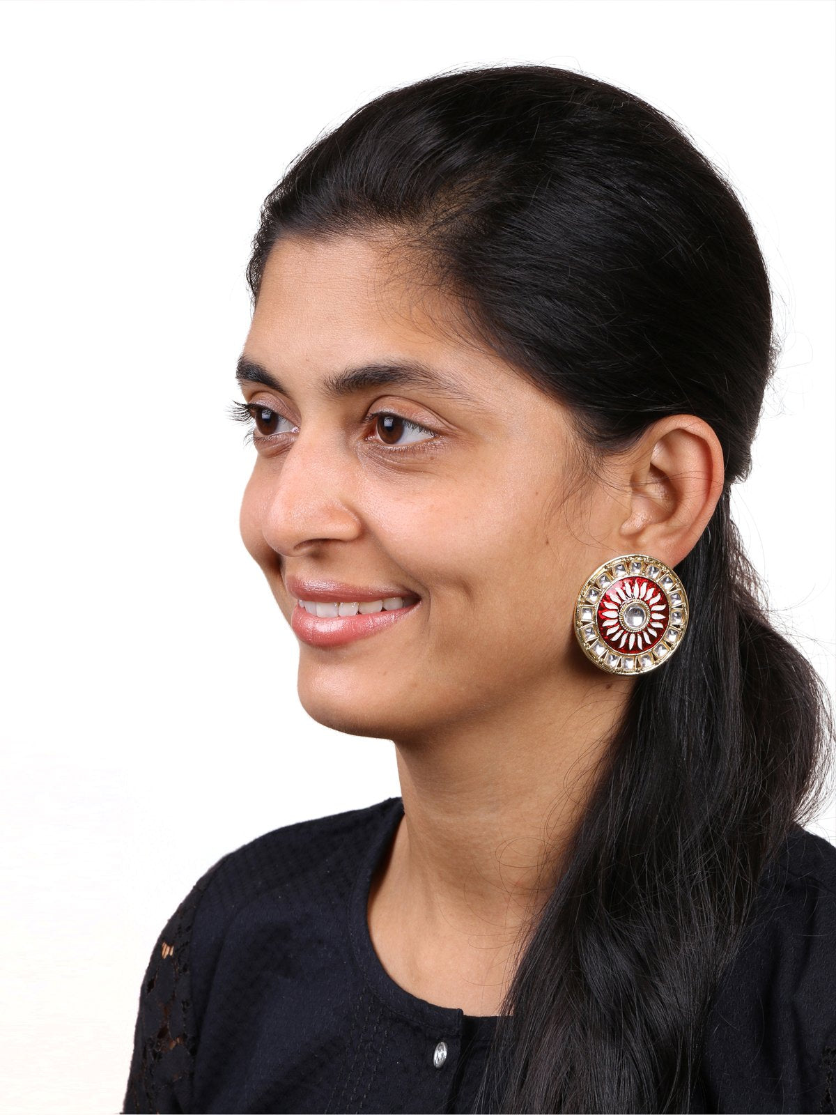 Fire Large Maroon Round Kundan Meenakari Stud Earring Girls Bulk