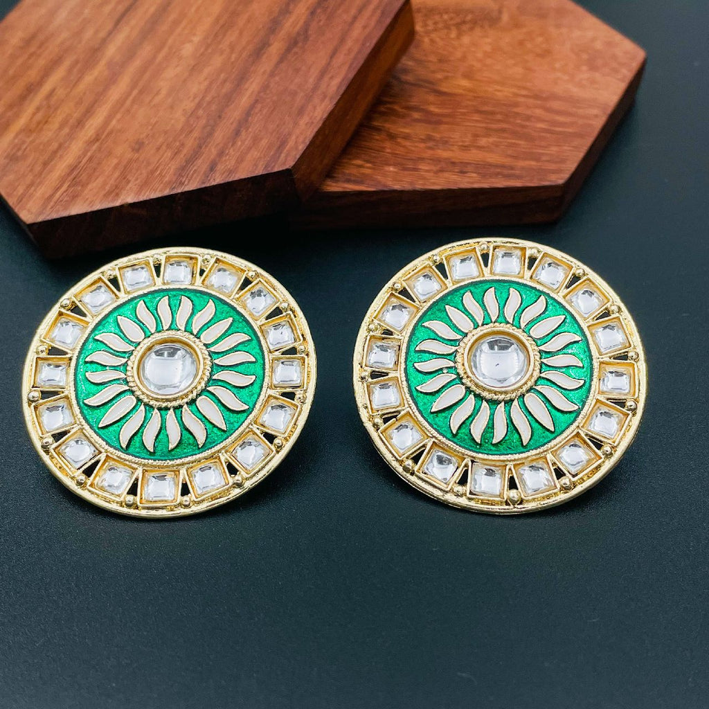 Fire Large Green Round Kundan Meenakari Stud Earring Girls Bulk