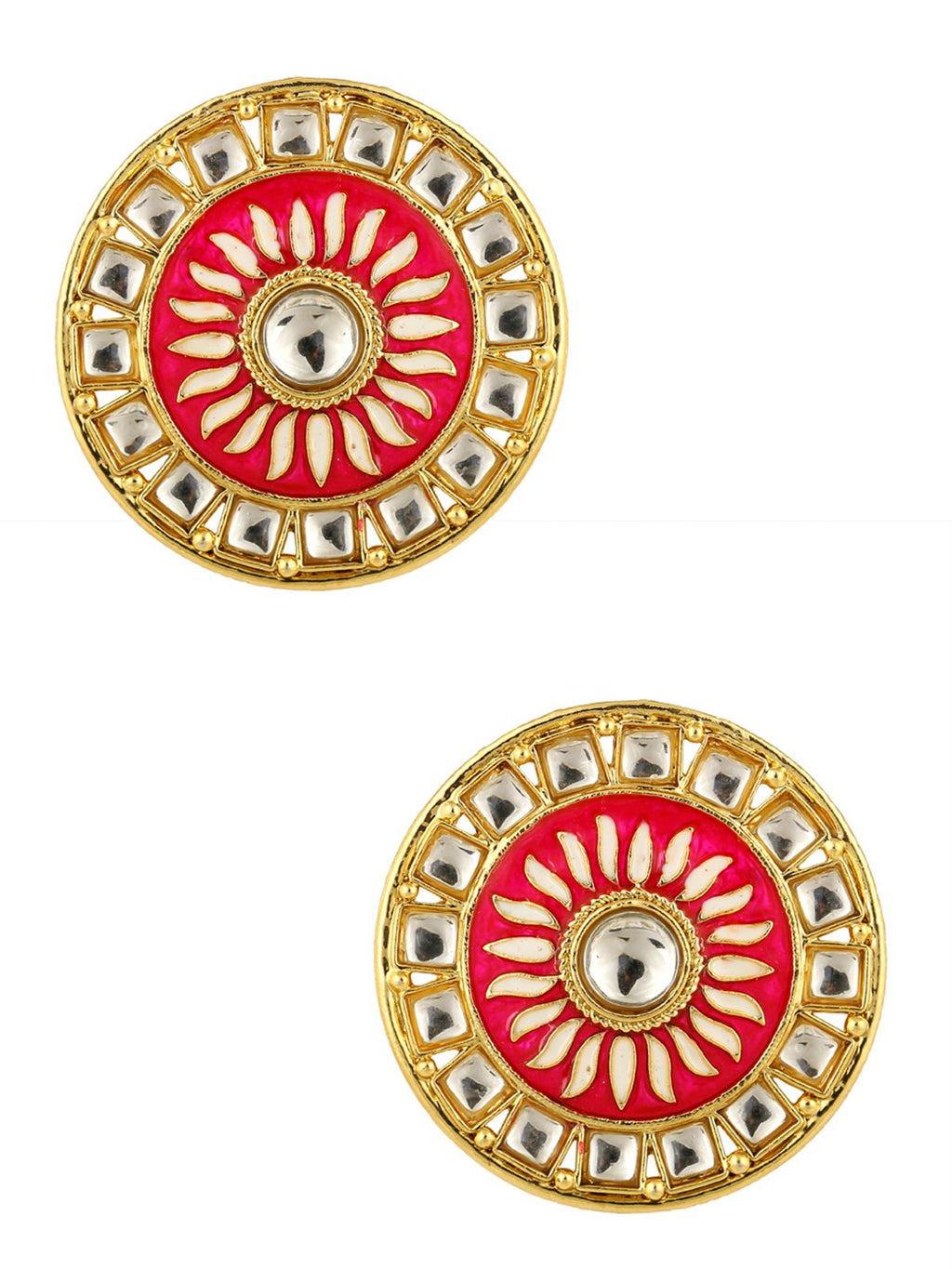 Fire Large Rani Pink Round Kundan Meenakari Stud Earring Girls Bulk