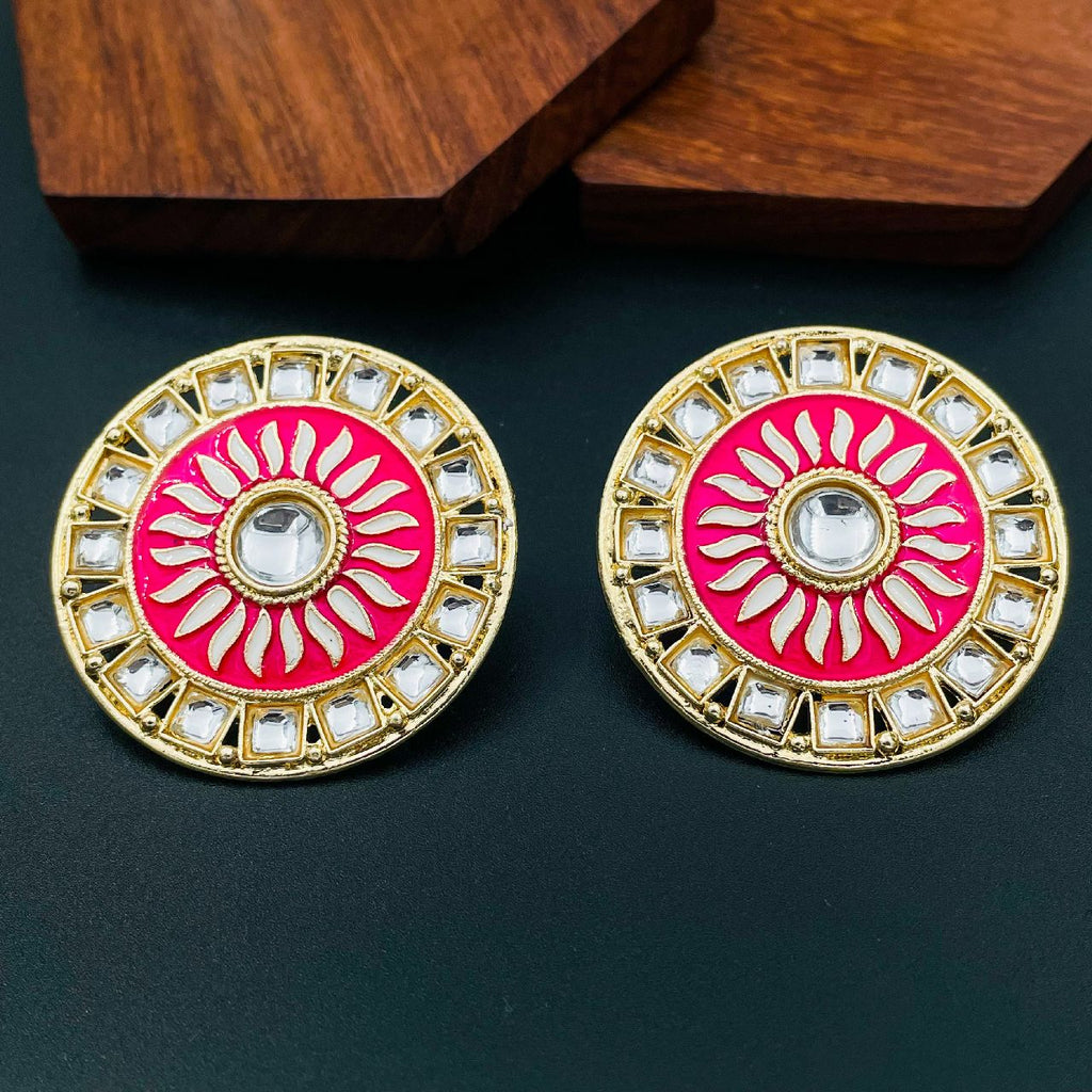 Fire Large Rani Pink Round Kundan Meenakari Stud Earring Girls Bulk