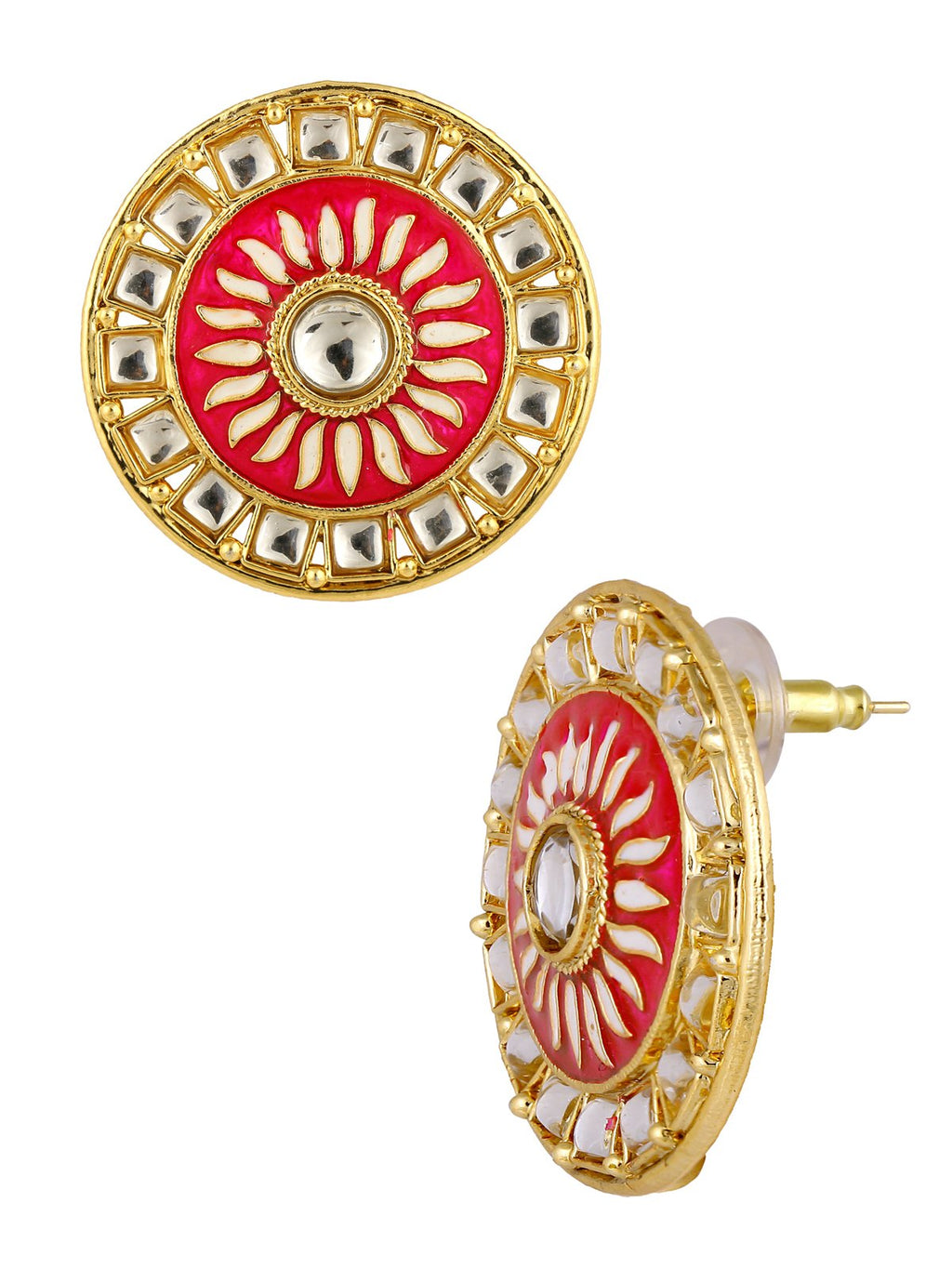 Fire Large Rani Pink Round Kundan Meenakari Stud Earring Girls Bulk