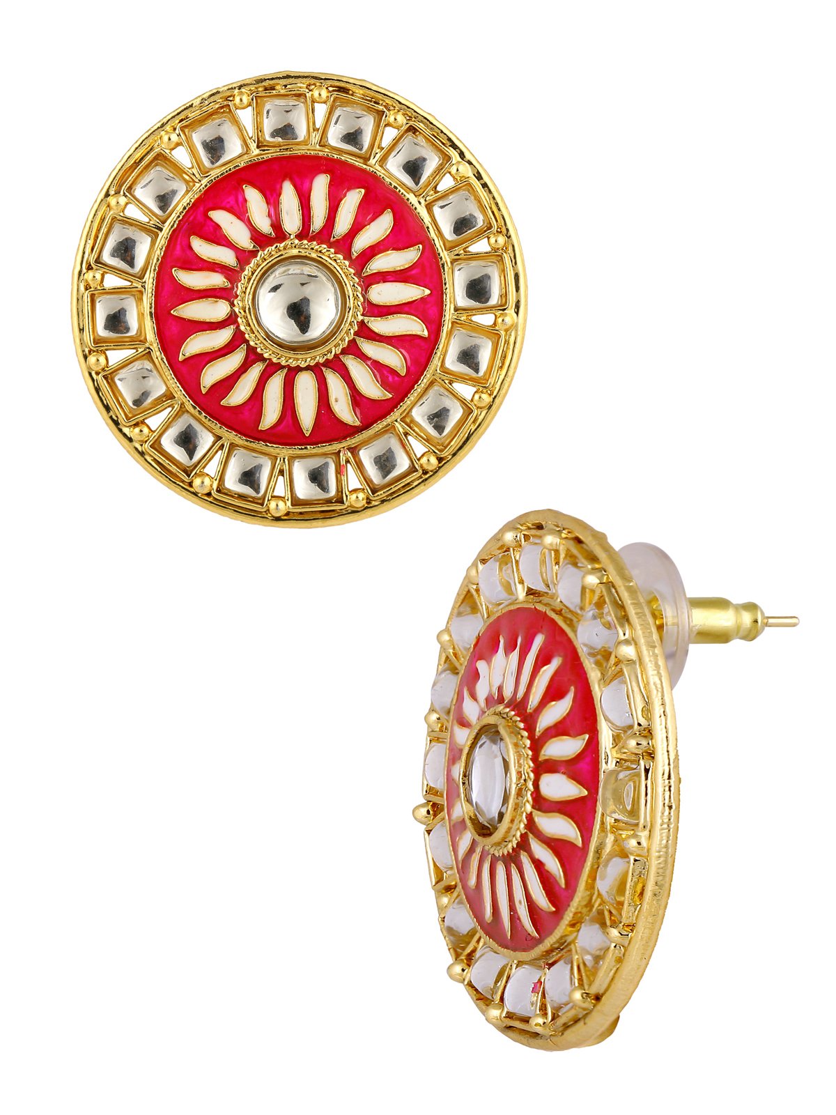 Fire Large Rani Pink Round Kundan Meenakari Stud Earring Girls Bulk