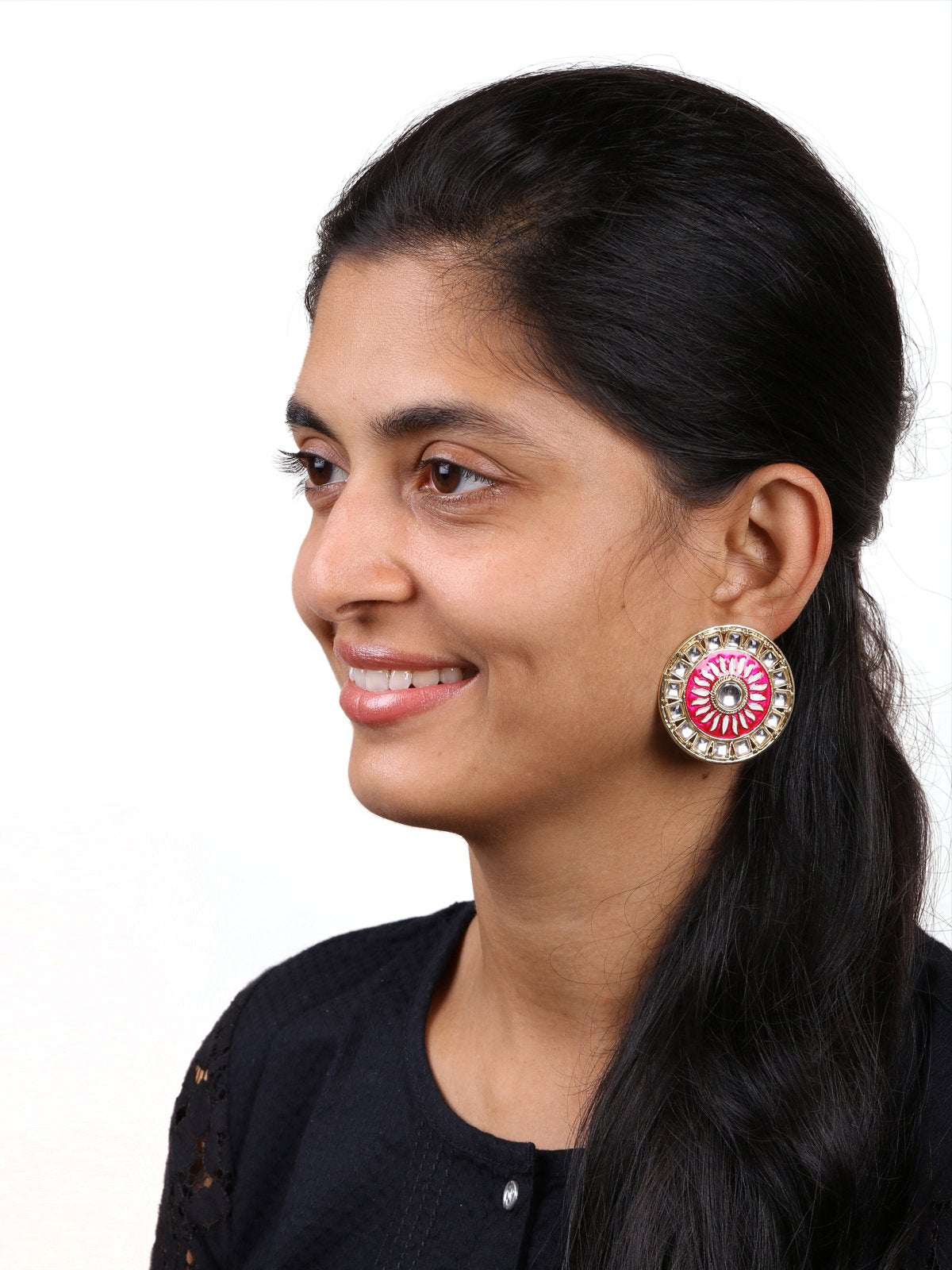 Fire Large Rani Pink Round Kundan Meenakari Stud Earring Girls Bulk